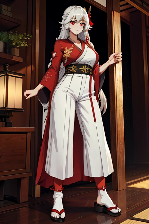 female, silver long hair, red eyes, (((1girl))), (((red kimono))), (black Japanese sandals), (white socks), (black hakama pants), cute and sexy, full body, large breasts, long legs, smiling, standing