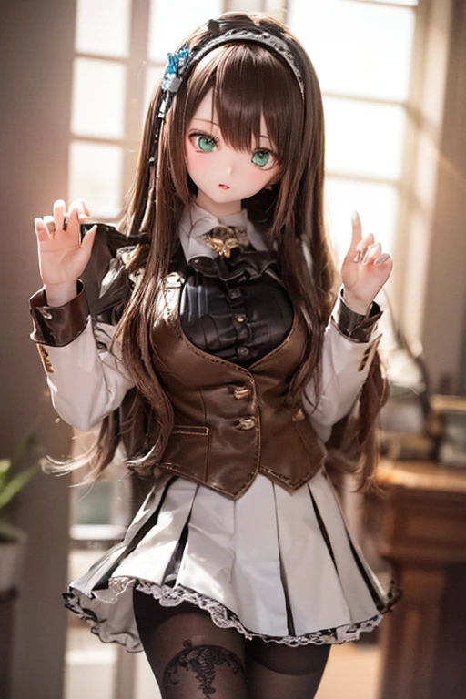 (SFW:2), photorealistic, realistic photo, 8k, ((highest quality)), ((masterpiece)), (extremely detailed), kukolnydom, doll, (mature woman, 21yo, 21 years old, solo:1.6), ((cowboy shot, standing, head tilt, slim, slender, skinny, medium breasts, hairband, ascot, blouse, long puff sleeves, pleated skirt, black pantyhose)), (green eyes, brown hair, long hair, plastic skin, looking at another, glass eyes, gradient eyes, shining eyes, detailed eyes:1.3)