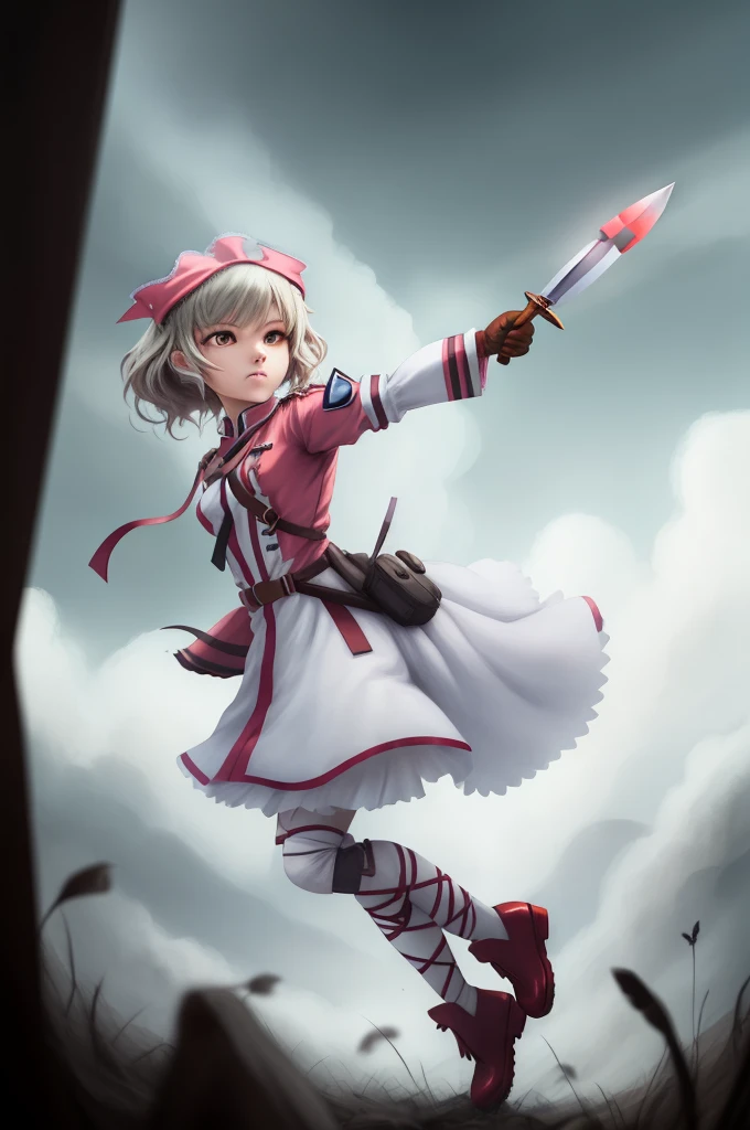 Field Medic Woman, masterpiece, high quality, Game character design, Anime illustration style, simple flat background, (Little:0.9), whole body, Diagonal angle, View your viewers, Dynamic pose, Holding a dagger, Text only,