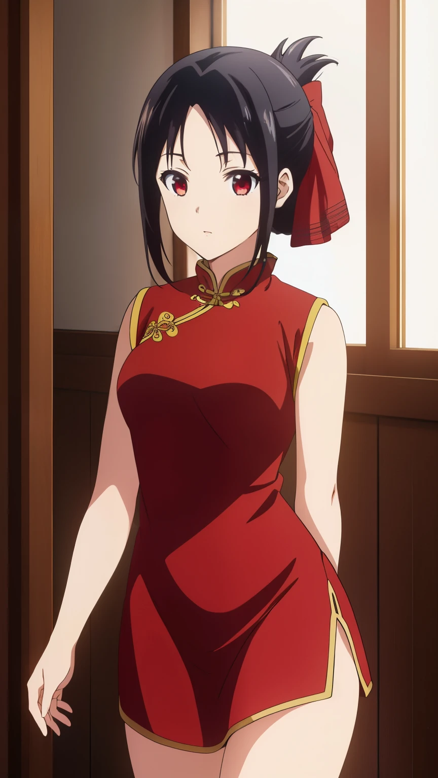 (best quality, masterpiece, 8k:1.2), (anime:1.2), detailed, Shinomiya Kaguya,1girl, solo, (black hair:1.2), side Lock, red eyes, short hair, folded ponytail, red hair ribbon, eye light, small medium breasts, (Chinese dress, thighs, Chinatown),
Definition CG Unity, Perfect lit, bright_front_face_lit,Super detailed, photograph, 8K, nffsw, High resolution, (absurd:1.2), kodak portrait 400, film grain, Lens flare, (lively_color:1.2), looking at the viewer, (cowboy shot:1.2), dynamic angle, 