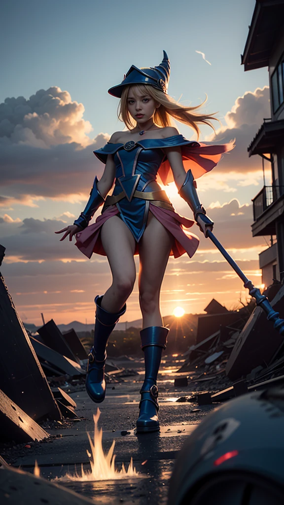 (Giantess element, high resolution, high quality, accurate body structure, detailed body), focus on girl,
BREAK,
(Black Magician Girl: 1.3), sexy, combat uniform, girl, looking up at approaching woman from below, cute, girl destroying small town, mischievous expression, white skin, smiling, trampling, walking, anatomically correct, accurate human body, accurate skeleton, full body portrait, shock wave from girl's hand, (shock wave from magic wand),
BREAK,
Destroying town, rubble, burning town, destroyed buildings, collapsed highway, car being crushed, evacuation of residents, sunset, burning town, rubble scattered at feet, increase destructive elements,
BREAK,
Background with dragon flying in the sky