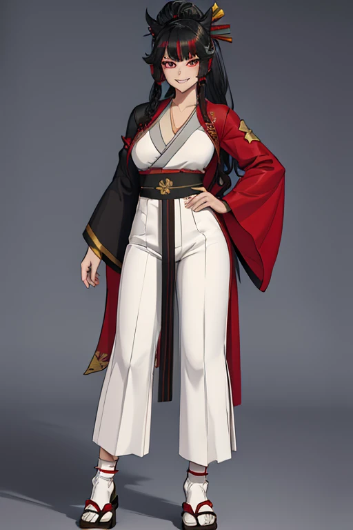 female, silver long hair, red eyes, (((1girl))), (((red kimono))), (black Japanese sandals), (white socks), (black hakama pants), cute and sexy, full body, large breasts, long legs, smiling, standing