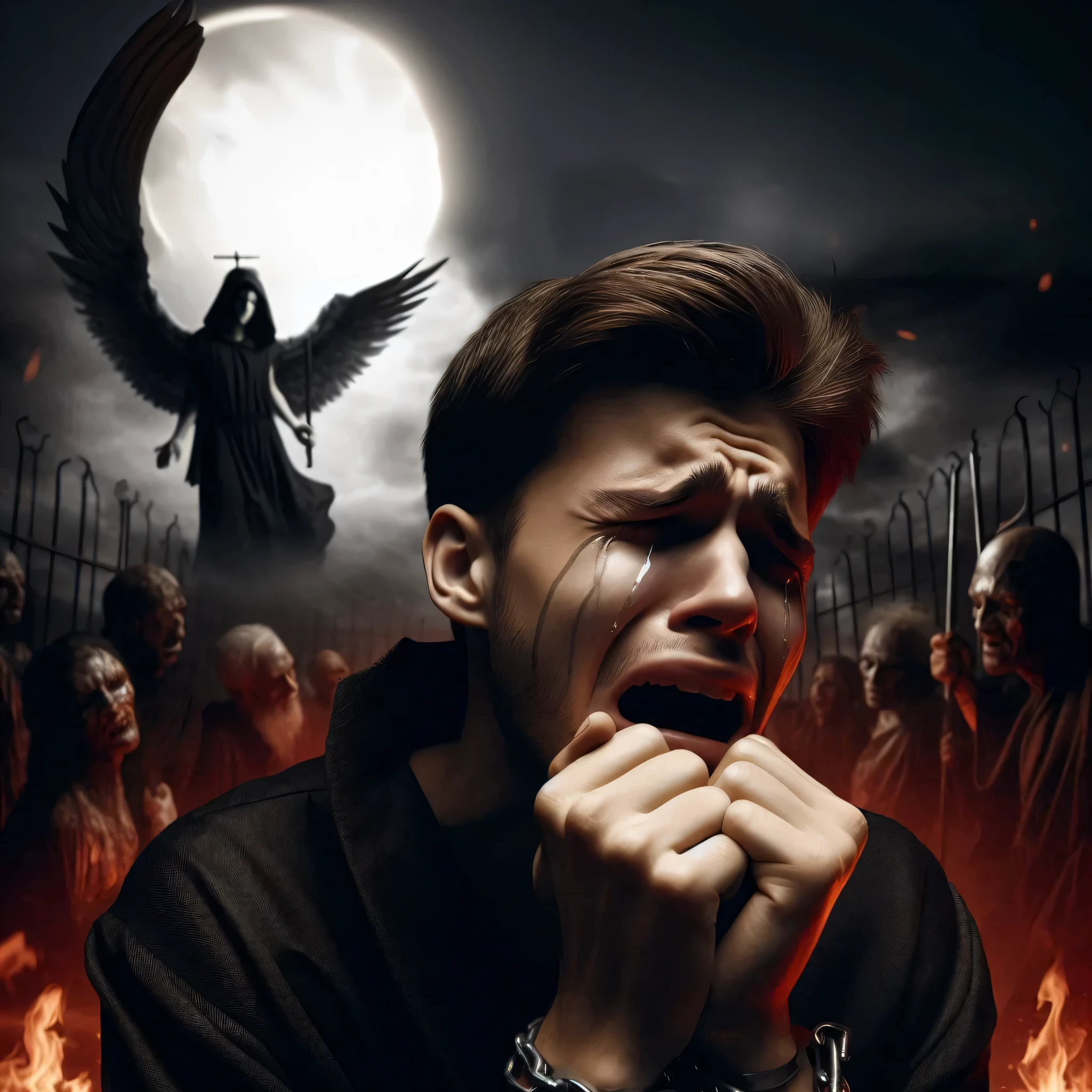 Medium plan.Torches. historically accurate Spanish priests 1400's, 8k, wide shot, cinematic composition, volumetric light, high detail, 8k, hdr, realistic, photography, angry and violent men, sunlight, cinematic, photorealistic, cinematic lighting, cinematic filter, sharp focus, teaching Naive Americans Christianity