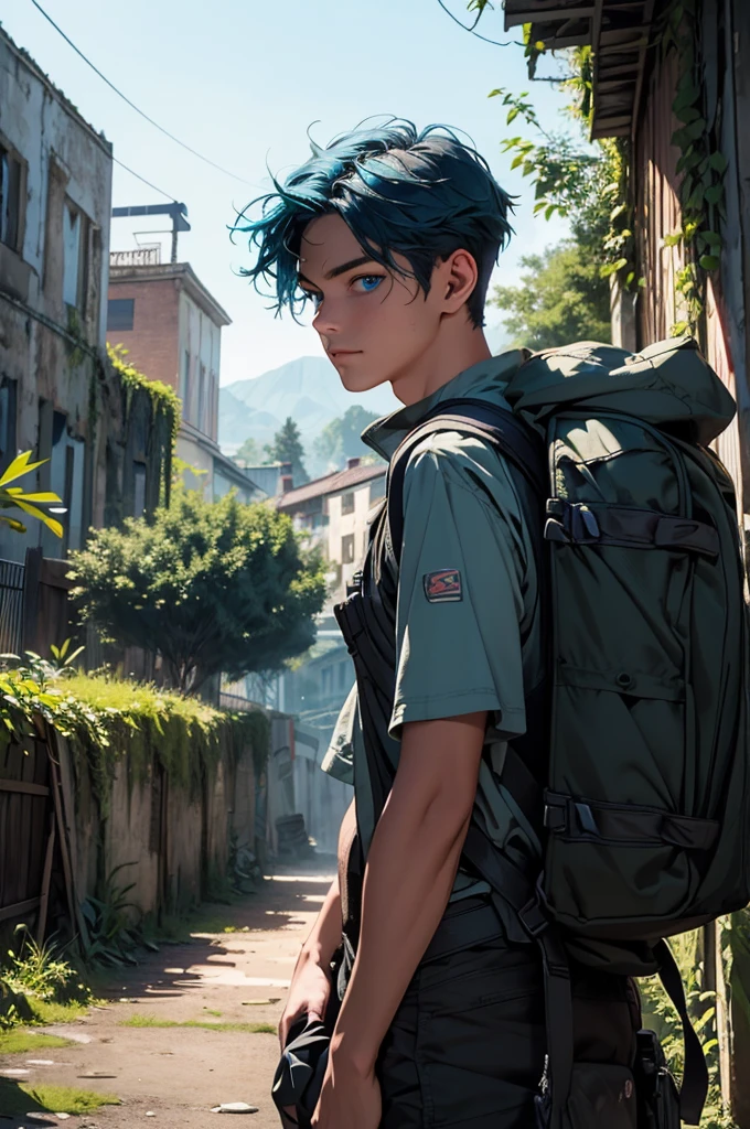 a young man in a post-apocalyptic city, detailed buildings in ruins, nature reclaiming its rightful place, lush vegetation, hiking outfit, blue hair, long eyelashes, warm smile, river, climbing plants, backpack, (best quality,4k,8k,highres,masterpiece:1.2),ultra-detailed,(realistic,photorealistic,photo-realistic:1.37),detailed environment, epic landscape, moody lighting, cinematic composition, dramatic atmosphere, vibrant colors, environmental storytelling, flower, wild animal, blue eyes.