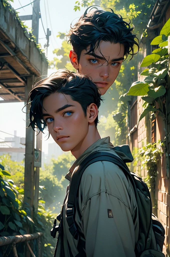 a young man in a post-apocalyptic city, detailed buildings in ruins, nature reclaiming its rightful place, lush vegetation, hiking outfit, blue hair, long eyelashes, warm smile, river, climbing plants, backpack, (best quality,4k,8k,highres,masterpiece:1.2),ultra-detailed,(realistic,photorealistic,photo-realistic:1.37),detailed environment, epic landscape, moody lighting, cinematic composition, dramatic atmosphere, vibrant colors, environmental storytelling, flower, wild animal, blue eyes.