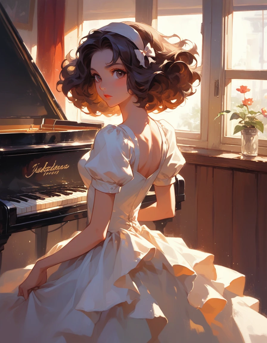 1girl dressed in a 1950s-inspired dress, complete with a full skirt and petticoat, her hair styled in classic pin curls. She should be seated at an old-fashioned diner, surrounded by vintage details like a jukebox, chrome accents, and neon signs. Her eyes should be sparkling with excitement, her skin flawless and glowing under the soft, dramatic lighting. This scene should be captured on 35mm film, with a beautiful depth of field and a slightly blurry, nostalgic background,, filmg,