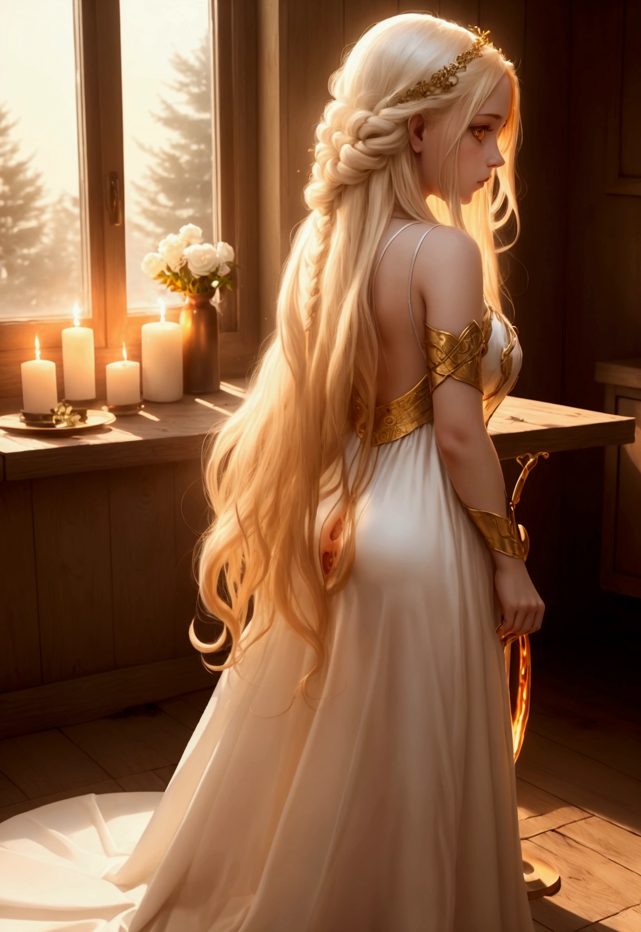 1 girl, michela \(the fire ring\), Long golden hair, round golden eyes, transparent white dress, elden ring setting, back view, doggy style on a table near a window