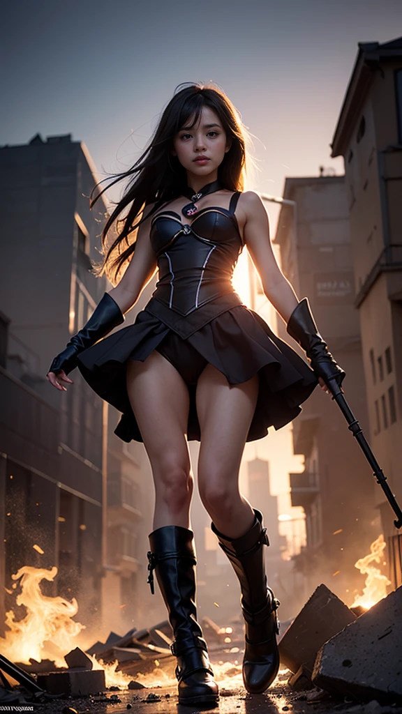 (Giantess element, high resolution, high quality, accurate body structure, detailed body), focus on girl,
BREAK,
(Black Magician Girl:1.3),sexy, combat uniform, girl, looking up at approaching woman from below, cute, girl destroying small town, mischievous expression, white skin, smiling, trampling, walking, anatomically correct, accurate human body, accurate skeleton, full body portrait, shock wave from girl's hand, (shock wave from magic wand),
BREAK,
destroying town, rubble, burning town, destroyed buildings, collapsed highway, car being crushed, evacuation of residents, sunset, burning town, rubble scattered at feet, increasing destructive elements,