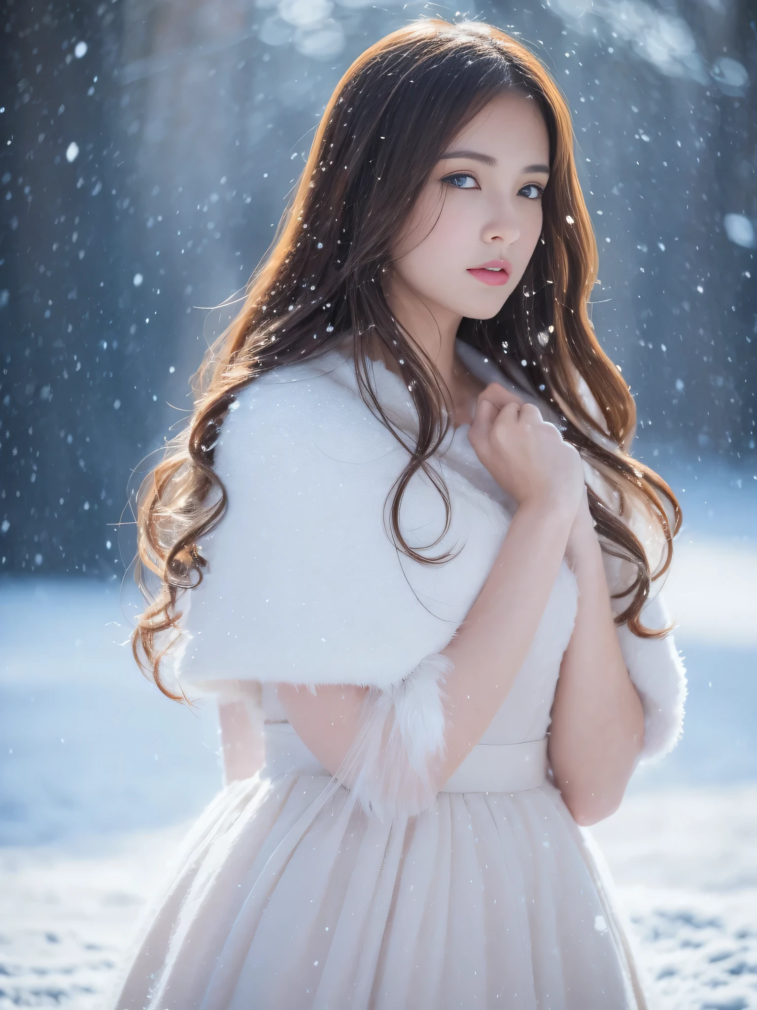 (highest quality, 8k, 32K,details are very clear),realistic, High resolution, 1 Japanese women, alone, (lolita costume),luxurious costume,facing the audience,(Upper body,upper limbs), beautiful eyes, brown hair, ring-shaped eyes, (outside,heavy snowfall,thick fur cape,cover with snow),snowfield,blue eyes,highest qualityのイラスト,detailed facial features