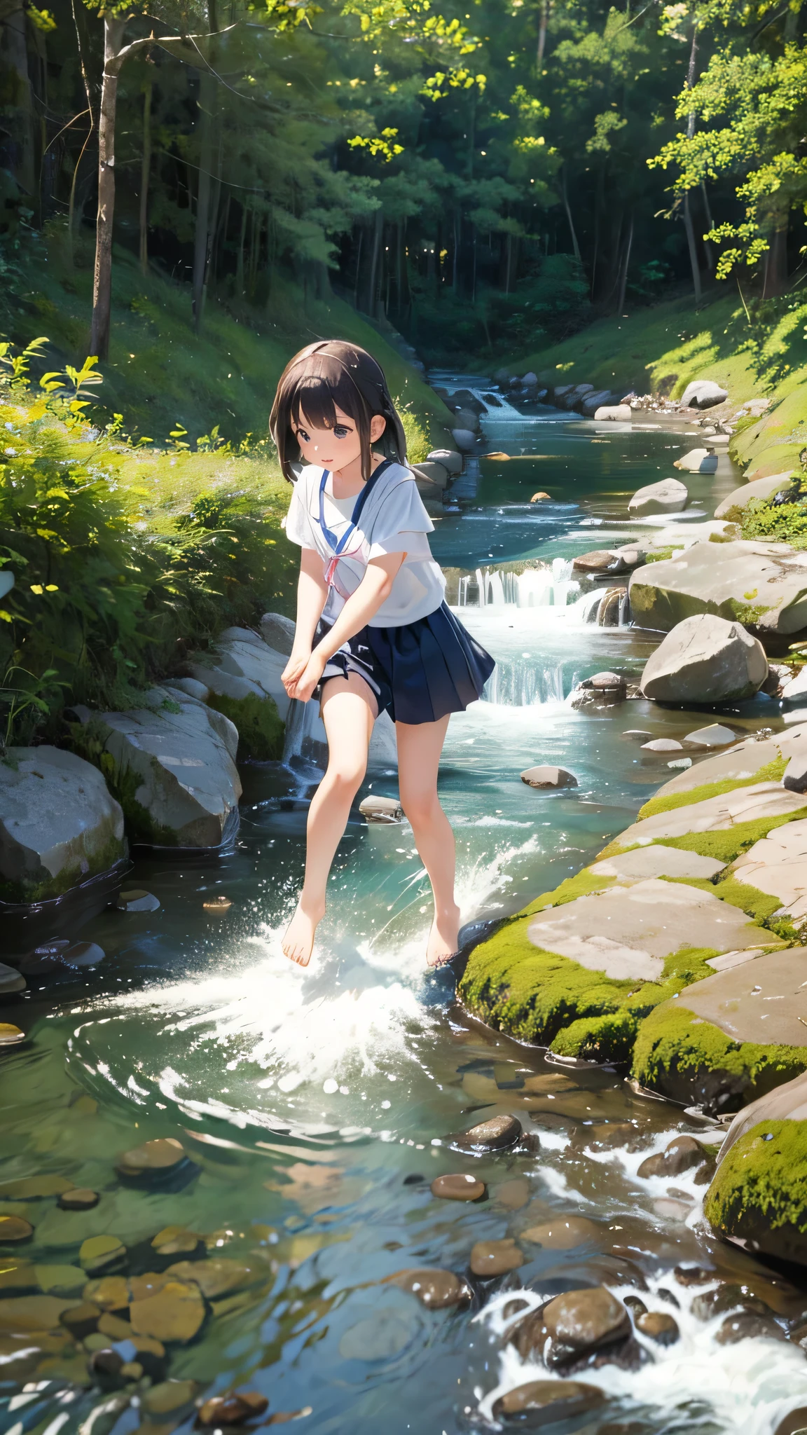 Playing in the flowing river、Very cute 11 year old girl、barefoot、雨が降っている。