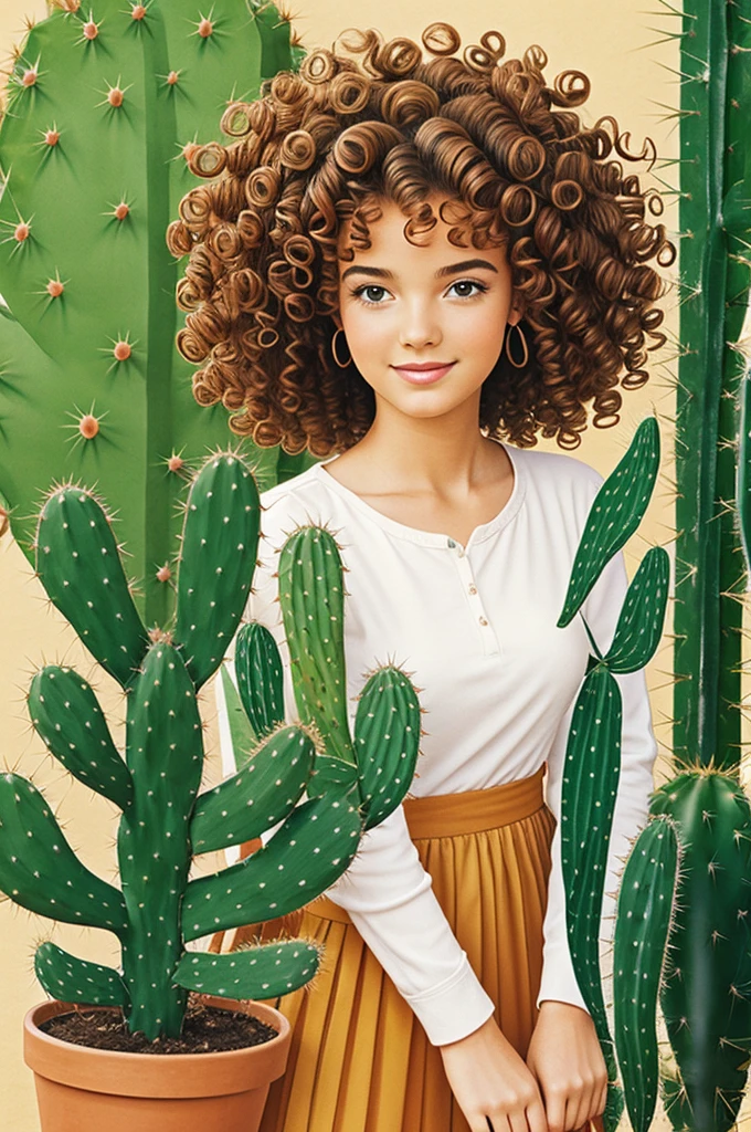 Clipart image of curly hair girl with cactus plant