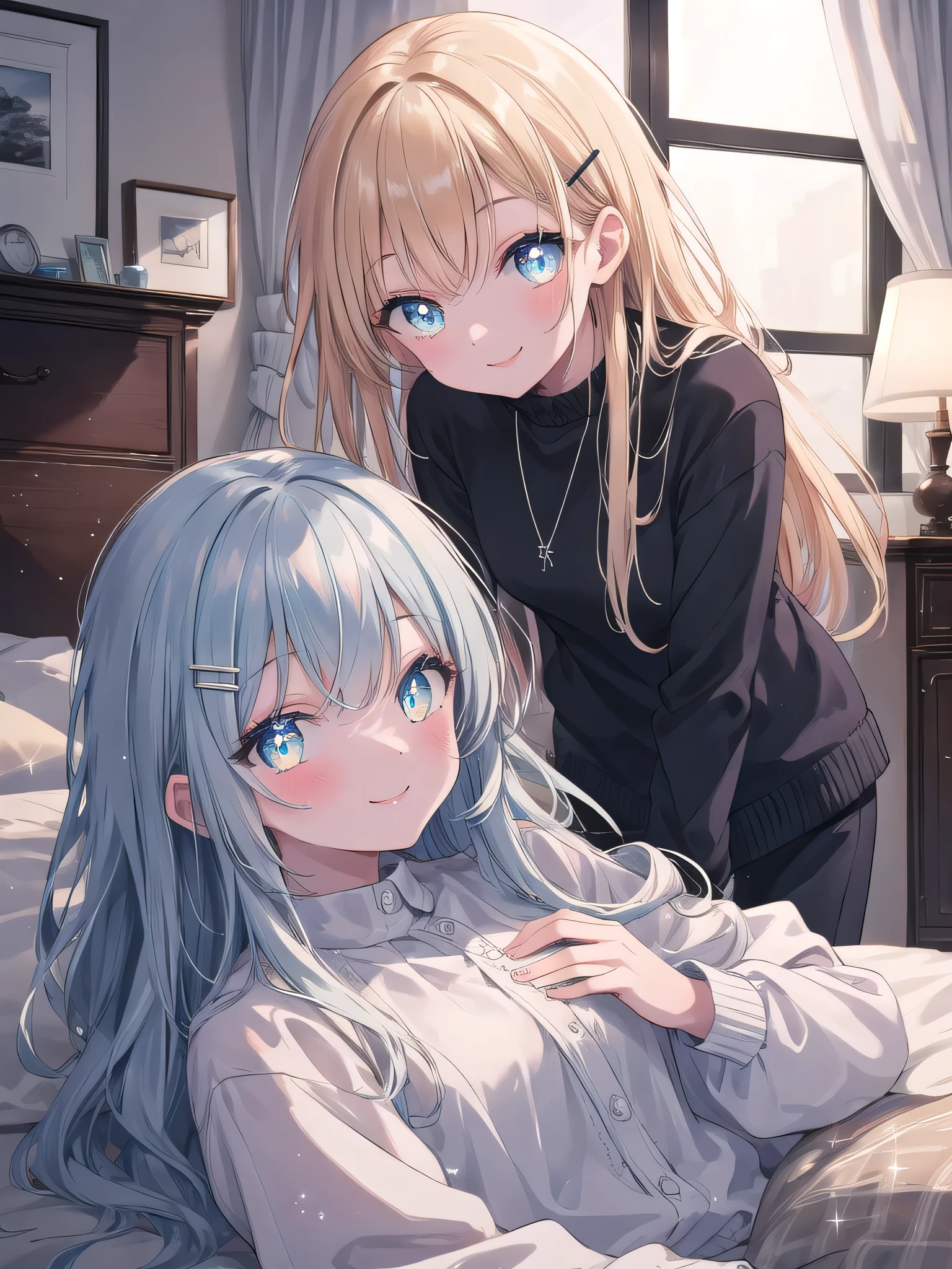 (8K, Highest quality, Best:1.3)), Ultra HD, (2 girls, duo), (Color changing eyes, Ultra detailed, Expressive glow, Sparkling eyes), Very detailed eyes, Very detailed face, Random hair, (Hair color: Random color), Loungewear, (Smile:1.3), Breath, White skin, Hair clip, Morning preparation, Top angle, My room