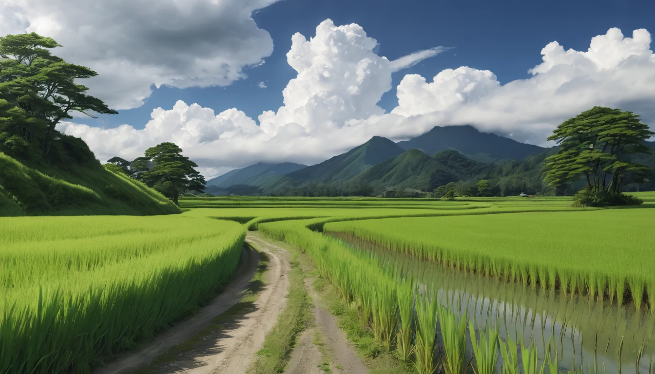 a peaceful rural japanese landscape, lush green rice fields, winding unpaved roads, summer day, clear sky, towering cumulus clouds, midday sunlight, (best quality,4k,8k,highres,masterpiece:1.2),ultra-detailed,(realistic,photorealistic,photo-realistic:1.37),high resolution,ultra high resolution,studio lighting,vivid colors,professional