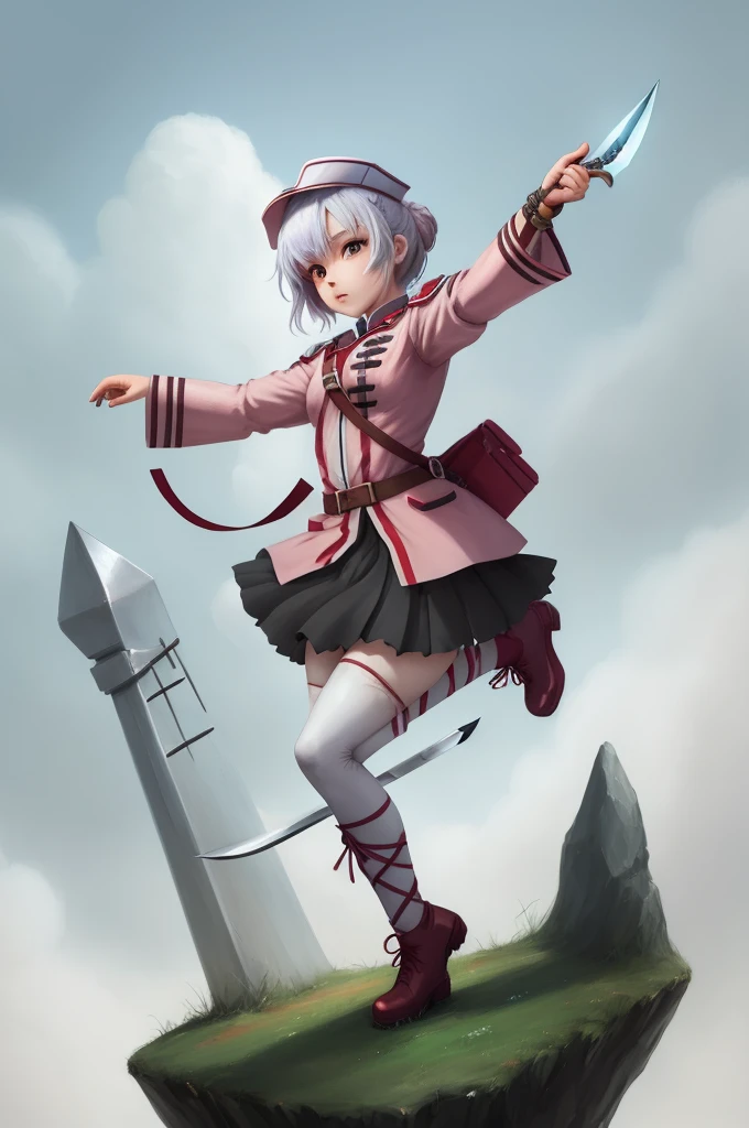 Field Medic Woman, masterpiece, high quality, Game character design, Anime illustration style, simple flat background, (Little:0.9), whole body, Diagonal angle, View your viewers, Dynamic pose, Holding a dagger, Text only,