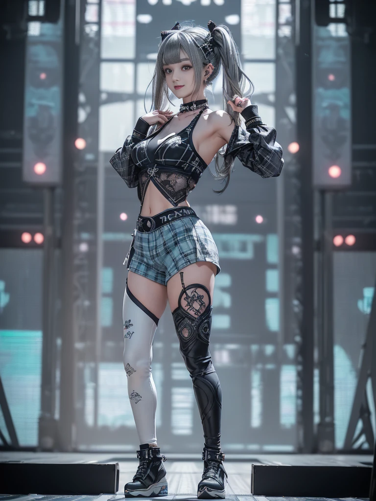 (Full body image:1.4)、(Side view:1.2)、(Smiling with teeth showing:1.3),(Shibuya Gal:1.5)、(Fashion in the style of Gothic ta:1.5)、(Punk rock visual kei:1.5)、(Wearing a rhythmic gymnastics bodysuit with intricate details:1.4)、(Complex white racing suit and pants, Denim and turquoise decor:1.5)、(Denim and light blue and white boots:1.3)、((belt))、(A number of subtle logos are featured throughout the costume々:1.4)、(collar:1.3)、(Plaid underwear:1.5)、20-year-old、Browsing Caution、((Highest quality、In 8K、masterpiece:1.3))、Sharp focus:1.2、(Layered Cut、Huge boobs:1.1),Beautiful woman with perfect figure:1.4、(Dance vigorously:1.3)、Slim Abs:1.2、Highly detailed face and skin texture、Detailed eyes、double eyelid,(Twin tails:1.3)、(Dark silver hair:1.3)、Idol Sculpture、(The background is the stage for a fashion show:1.3)、(The body is slim:1.3),(Slimming your legs:1.4),(clavicle:1.1)、(Thin and slim thighs:1.3)