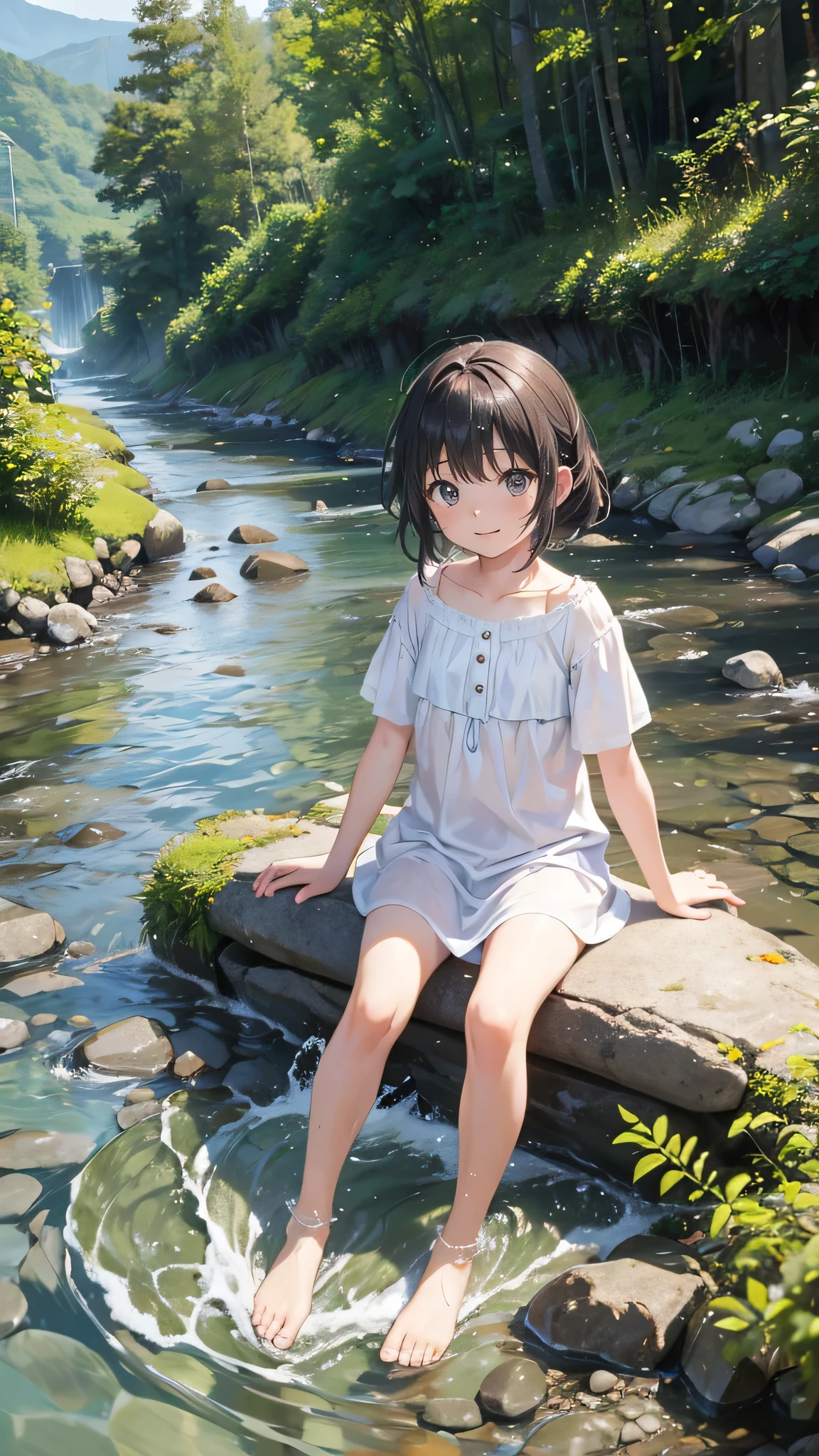 Playing in the flowing river、Very cute 11 year old girl、barefoot