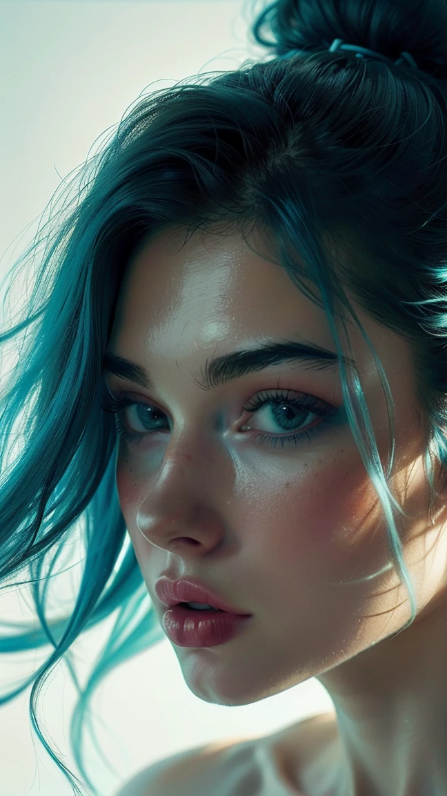 Surrealistic image of a woman shot in full-face. The hair is an abstract explosion of cool and refreshingly coloured hair . They resemble paint splatters and are a combination of different colours including green, blue, white, grey, beige.Behind the figure the background is various shades of blue, from the light blue of the sky to the deep blue of sea water. The outer edges of the image fade into darker beige and pale blue tones. The woman's face is depicted realistically, contrasting with the abstract hair. She has clear skin, brown eyes and dark lipstick. The woman's face is in the centre of the image and her lush hair takes up most of the top part of the frame. The image combines photorealism (the face) and abstraction