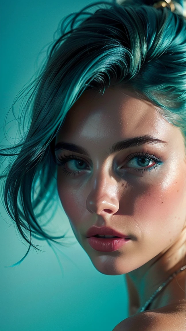 a close up of a woman with blue hair and a flower in her hair, makeup. unreal engine, wet shiny skin, slightly tanned, close up of a blonde woman, captivating glowing lights, bronze face, inspired by Petros Afshar, portrait of nordic girl, tears running down face, 4 k editorial photograph, glossy photo,flat chested,pov, Orgasm and passion on the face, excited lips,orgasmface, Very excited look and look