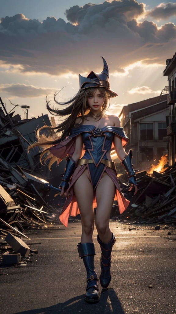 (Giantess element, high resolution, high quality, accurate body structure, detailed body), focus on girl,
BREAK,
(Black Magician Girl:1.3),sexy, combat uniform, girl, looking up at approaching woman from below, cute, girl destroying small town, mischievous expression, white skin, smiling, trampling, walking, anatomically correct, accurate human body, accurate skeleton, full body portrait, shock wave from girl's hand, (shock wave from magic wand),
BREAK,
destroying town, rubble, burning town, destroyed buildings, collapsed highway, car being crushed, evacuation of residents, sunset, burning town, rubble scattered at feet, increasing destructive elements,