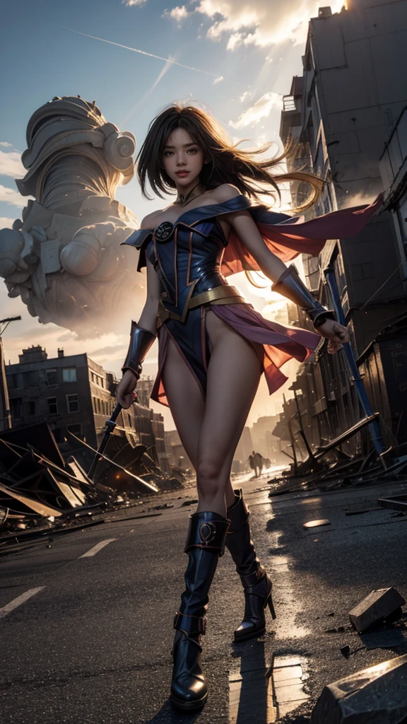 (Giantess element, high resolution, high quality, accurate body structure, detailed body), focus on girl,
BREAK,
(Black Magician Girl:1.3),sexy, combat uniform, girl, looking up at approaching woman from below, cute, girl destroying small town, mischievous expression, white skin, smiling, trampling, walking, anatomically correct, accurate human body, accurate skeleton, full body portrait, shock wave from girl's hand, (shock wave from magic wand),
BREAK,
destroying town, rubble, burning town, destroyed buildings, collapsed highway, car being crushed, evacuation of residents, sunset, burning town, rubble scattered at feet, increasing destructive elements,