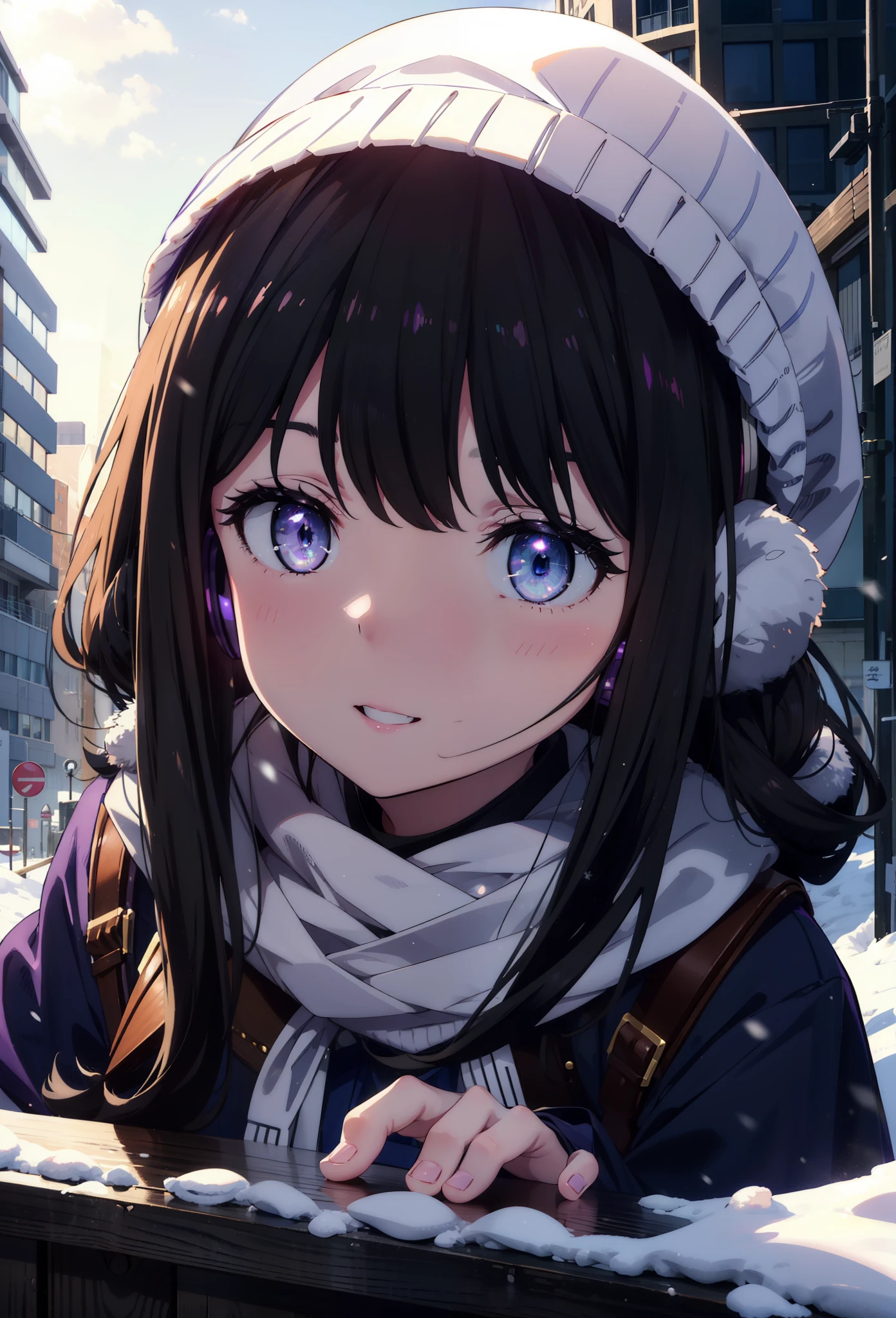 Takiuchikami,Long Hair, bangs, Black Hair, (Purple eyes:1.2),happy smile, smile, Open your mouth,Knitted hat,Earmuffs,Blue oversized coat,White Sweater,White scarf,Long skirt,Black pantyhose,short boots,snowが積もっている,snowが降っている,winter,Cold Sky,night,moonlight,snow,snow,snow,snow,whole bodyがイラストに入るように,Walking,
break looking at viewer, whole body, 
break outdoors, city,construction area,
break (masterpiece:1.2), highest qualそれy, High resolution, unそれy 8k wallpaper, (shape:0.8), (Beautiful and beautiful eyes:1.6), Highly detailed face, Perfect lighting, Extremely detailed CG, (Perfect hands, Perfect Anatomy),