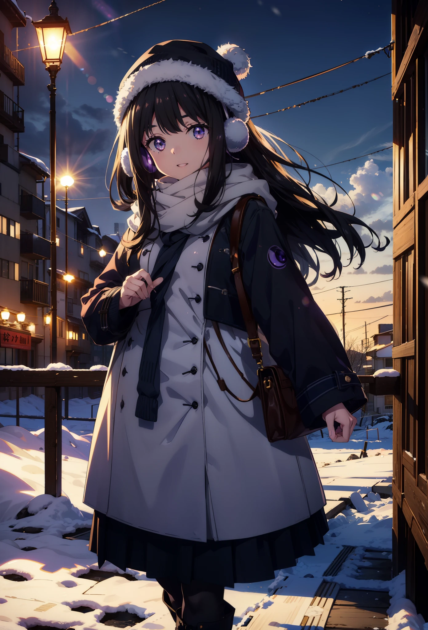 Takiuchikami,Long Hair, bangs, Black Hair, (Purple eyes:1.2),happy smile, smile, Open your mouth,Knitted hat,Earmuffs,Blue oversized coat,White Sweater,White scarf,Long skirt,Black pantyhose,short boots,snowが積もっている,snowが降っている,winter,Cold Sky,night,moonlight,snow,snow,snow,snow,whole bodyがイラストに入るように,Walking,
break looking at viewer, whole body,
break outdoors, city,construction area,
break (masterpiece:1.2), highest qualそれy, High resolution, unそれy 8k wallpaper, (shape:0.8), (Beautiful and beautiful eyes:1.6), Highly detailed face, Perfect lighting, Extremely detailed CG, (Perfect hands, Perfect Anatomy),