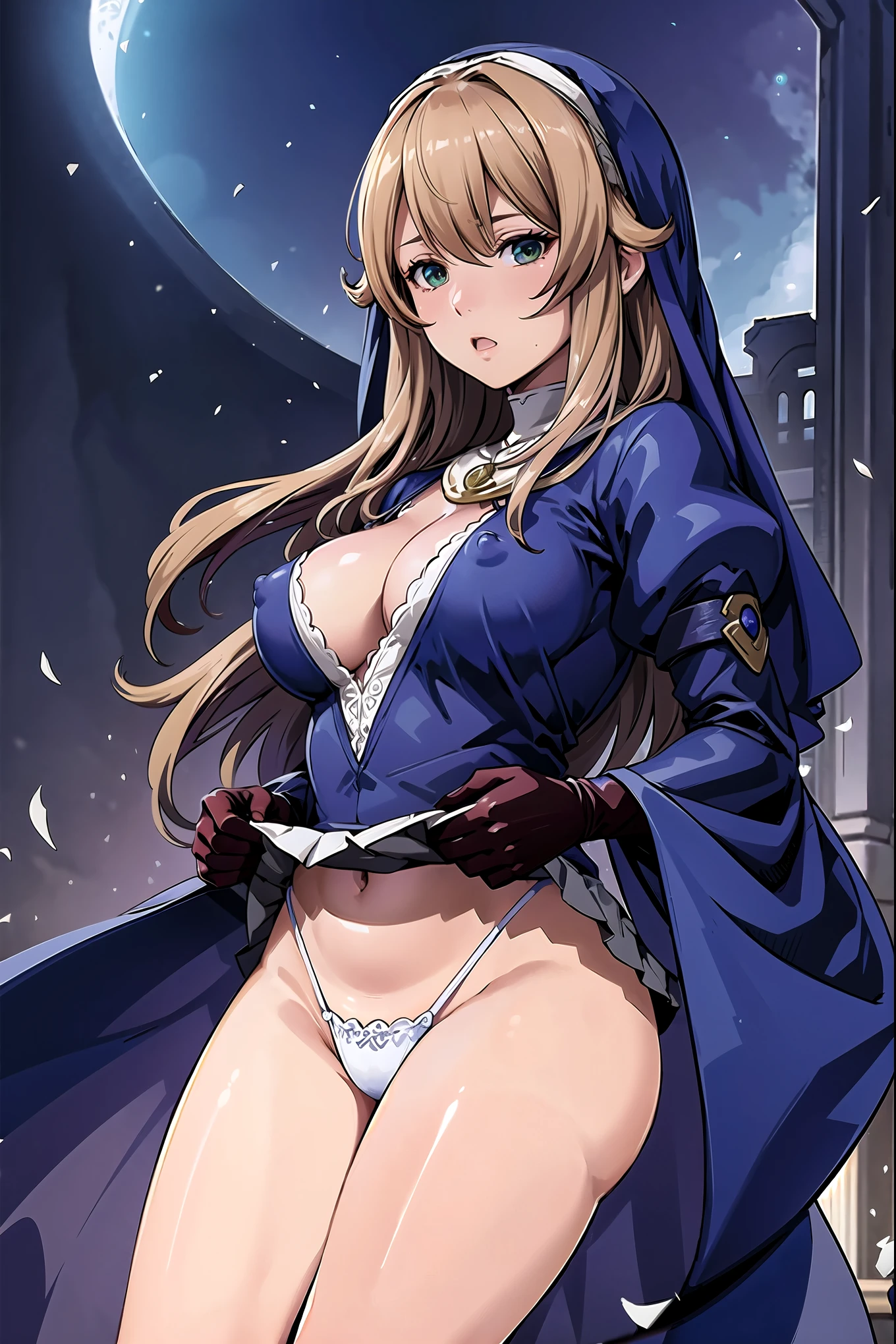 masterpiece, super fine illustration, best quality, light particles, ultra-detailed, 8K, (bright colors:1.2),[official art],[[anime styled]],[[digitalart]],siggy, nun, 20yo,young female, brown long hair, bangs, green eyes, purple cape on her head, purple outfit, cleavage cutout, cleavage, puffy sleeves, jewelry, necklace,mbarrassed,(bare breasts,elect nipples),(skirt lift,upskirt),(black lace panties), break background church