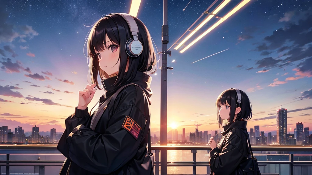 Where to see planes at the airport。A young girl with black hair wearing stylish clothes and headphones labeled "lo-fi" The girl is shown in profile, gazing into the distance with a calm, relaxed expression Background depicts the iconic scenery of Namba, Osaka at night, without any text on signs A starry night sky adding to the peaceful atmosphere Overall mood is quiet and serene, perfect for lo-fi music Detailed hair rendering and careful attention to the girl's fashionable outfit The entire scene should evoke a relaxing, introspective feeling associated with lo-fi music