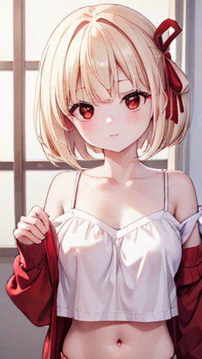 Chisatoniki, Chisato, short hair, bangs, Blonde, (Red eyes:1.5), Hair Ribbon, One side up, Bobcut,
Exposing shoulders, Twin tails, clavicle、Off-the-shoulder sweater、Upper chest、 Stomach、panties、Red ribbon, ショートTwin tails, Grin,Highest quality, High resolution, (shape:0.8), (Beautiful and beautiful eyes:1.6), Highly detailed face, Perfect lighting, Detailed CG, (Perfect hands, Perfect Anatomy)
