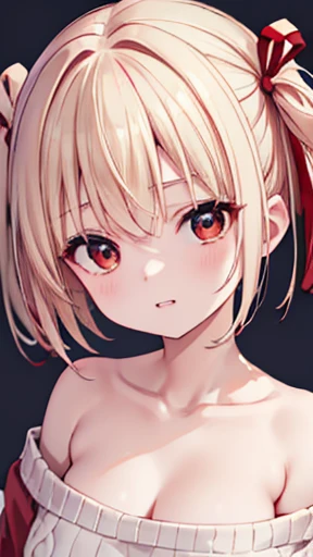 Chisatoniki, Chisato, short hair, bangs, Blonde, (Red eyes:1.5), Hair Ribbon, One side up, Bobcut,
Exposing shoulders, Twin tails, clavicle、Off-the-shoulder sweater、Upper chest、 Stomach、panties、Red ribbon, ショートTwin tails, Grin，Highest quality, High resolution,  (shape:0.8), (Beautiful and beautiful eyes:1.6), Highly detailed face, Perfect lighting, Detailed CG, (Perfect hands, Perfect Anatomy)