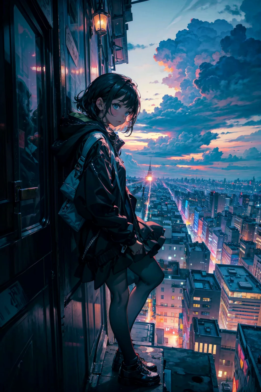 1girl,solo,cute,outdoor,cloudy,dark sky,over lookdown the city
