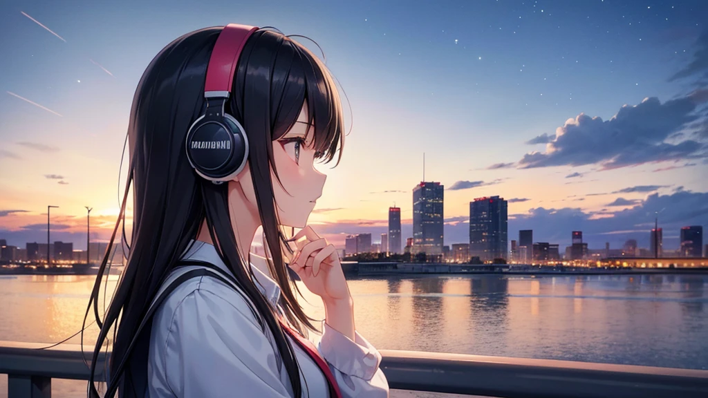 Where to see planes at the airport。A young girl with black hair wearing stylish clothes and headphones labeled "lo-fi" The girl is shown in profile, gazing into the distance with a calm, relaxed expression Background depicts the iconic scenery of Namba, Osaka at night, without any text on signs A starry night sky adding to the peaceful atmosphere Overall mood is quiet and serene, perfect for lo-fi music Detailed hair rendering and careful attention to the girl's fashionable outfit The entire scene should evoke a relaxing, introspective feeling associated with lo-fi music