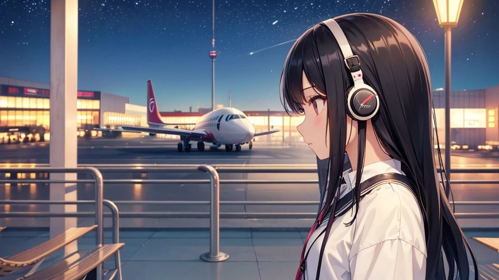 Where to see planes at the airport。A young girl with black hair wearing stylish clothes and headphones labeled "lo-fi" The girl is shown in profile, gazing into the distance with a calm, relaxed expression Background depicts the iconic scenery of Namba, Osaka at night, without any text on signs A starry night sky adding to the peaceful atmosphere Overall mood is quiet and serene, perfect for lo-fi music Detailed hair rendering and careful attention to the girl's fashionable outfit The entire scene should evoke a relaxing, introspective feeling associated with lo-fi music