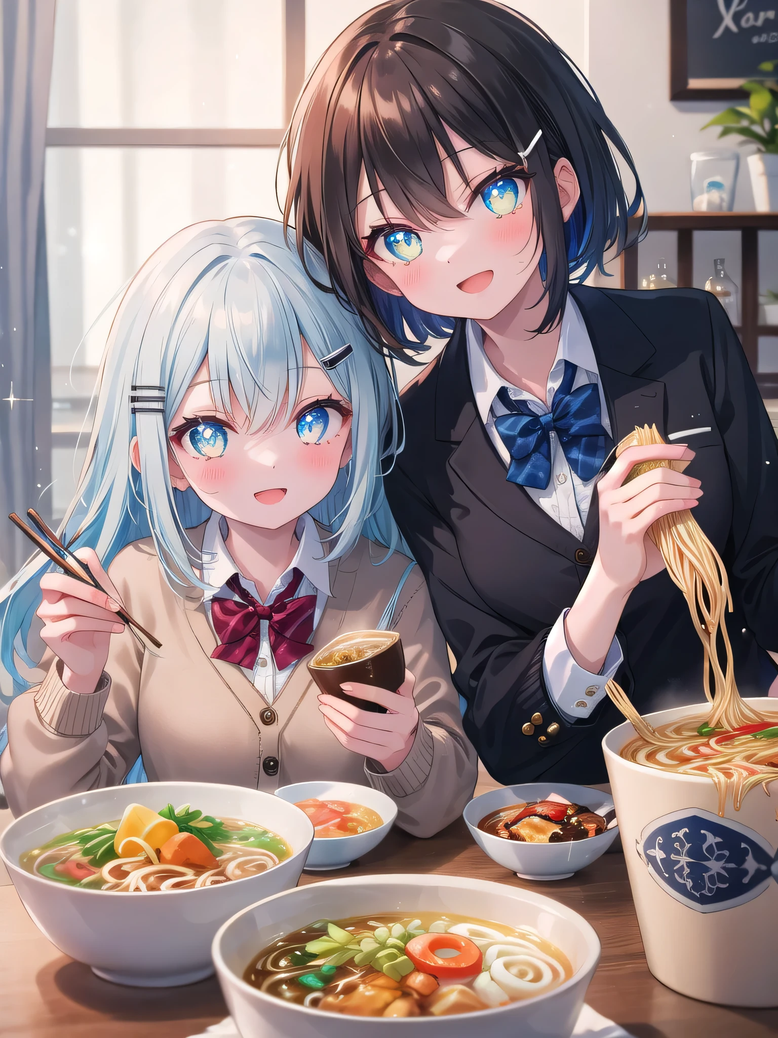 (8K, Highest quality, Masterpiece:1.3)), Ultra high quality, (2 girls, duo), (Color changing eyes, Ultra detailed, Expressive glow, Sparkling eyes), Very detailed eyes, Very detailed face, Random hair, (Hair color: Random color), (Ecstatic expression:1.2), Breath, White skin, Hair clip, Dining room, Ramen set, Sitting next to each other, Happy chatting, Angle from the writing, Wearing a suit, Wearing a cardigan