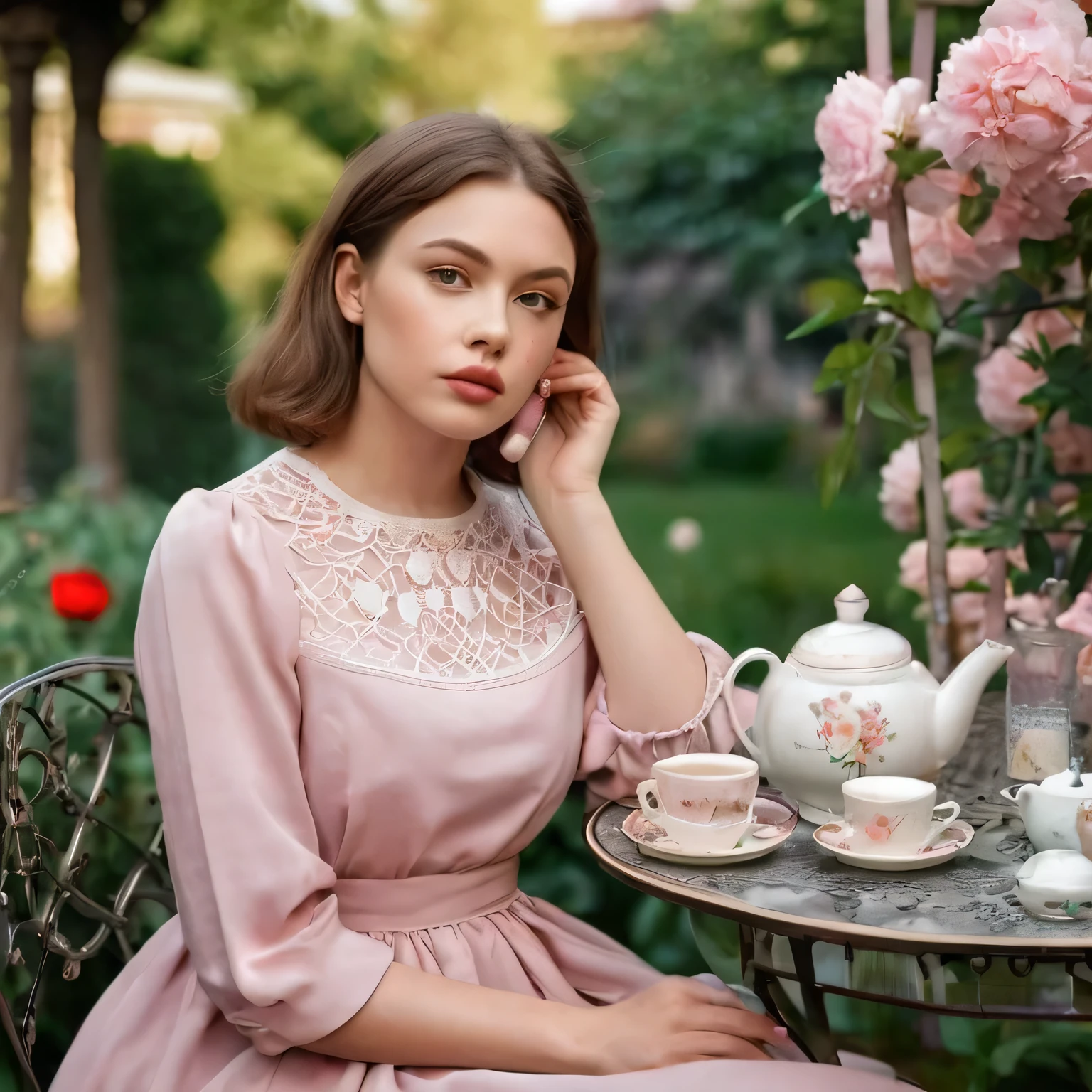 female model. v line face. Deep soulful eyes. plump lips. Wearing a round neck dress with light pink chest pockets. Polite, modern, gentle style. afternoon tea. Garden scene, tea table, glass cage with renaissance motifs