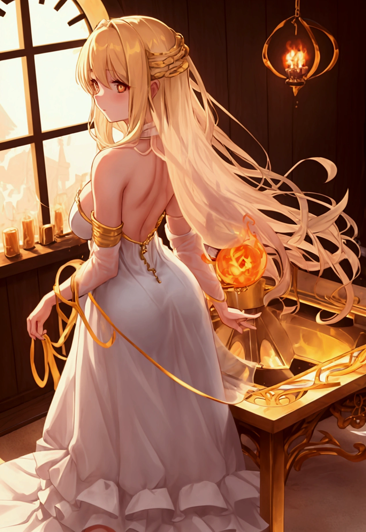 1 girl, michela \(the fire ring\), Long golden hair, round golden eyes, transparent white dress, elden ring setting, back view, doggy style on a table near a window