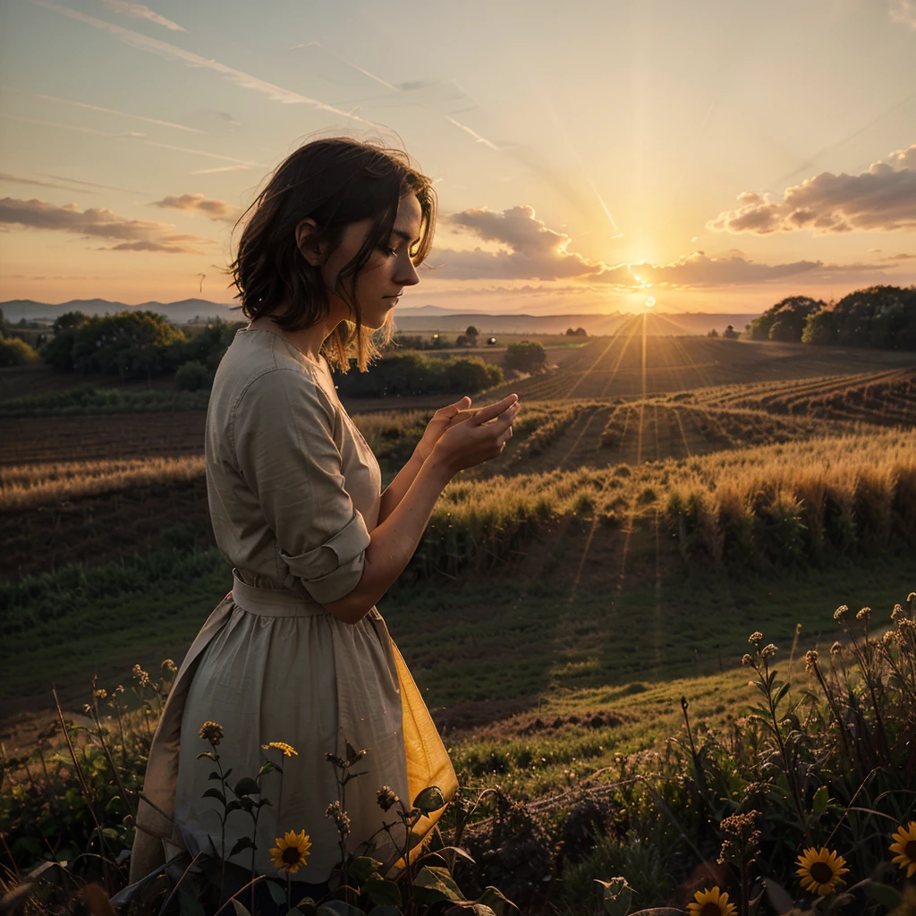 A sunrise in a rural landscape, with a person getting up early and starting to work in the field. The sky is illuminated by the first rays of the sun, suggesting that the person is receiving divine blessing. Includes a subtle symbol for help or guidance, like a hand or light on the horizon, to represent the support of God."