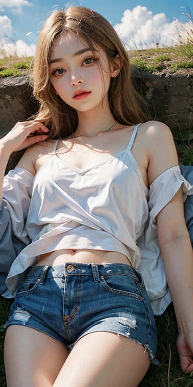 (masterpiece: 1.2, Portraiture, Highest quality), Realistic, (Live Action, Intricate details, Written boundary depth), Highest quality, masterpiece, Attention to detail, semi-Realistic, Sleeping on the grass, shy, 21 years old, Short blonde, blue eyes, blonde、 Slim figure、Shoulder Bare、Shorts 、Blue sky and a few clouds