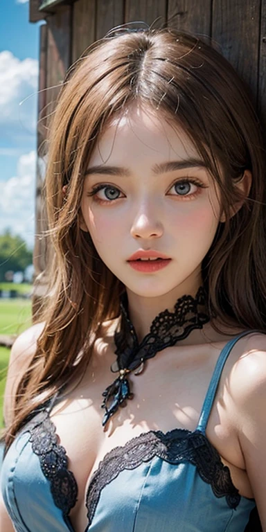 (masterpiece: 1.2, Portraiture, Highest quality), Realistic, (Live Action, Intricate details, Written boundary depth), Highest quality, masterpiece, Attention to detail, semi-Realistic, Sleeping on the grass, shy, 21 years old, Short blonde, blue eyes, blonde、 Slim figure、Shoulder Bare、Shorts 、Blue sky and a few clouds