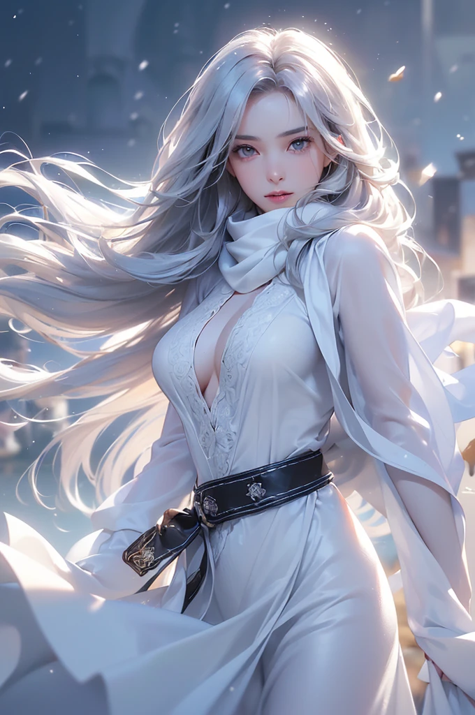 ((masterpiece:1.5、8k、Portraiture、フォトリアリスティックでVery detailedなCG、Very detailed、Particle Effects、Dynamic Effects、Shallow depth of field、Cinematic Light、Lens flare、Ray Tracing、Tabletop、Realistic:1.4、Ultra-high resolution:1.2、Realistic、Realistic))((alone、,オフショルダーのドレスの上にカシミアのcoatを着た女性:1.4、wear a long scarf、White belt、coat、Elegant woman posing、Detailed face、bright表情、young, bright, Whiter skin、Ample breasts、Best Looks、Ultimate beauty、Shiny silver hair with highlights、bright and shiny hair,、Super long, Silky straight hair、Hair dancing in the wind))(morning、outdoors, winter, snow falling)