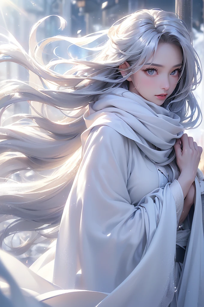 ((masterpiece:1.5、8k、Portraiture、フォトリアリスティックでVery detailedなCG、Very detailed、Particle Effects、Dynamic Effects、Shallow depth of field、Cinematic Light、Lens flare、Ray Tracing、Tabletop、Realistic:1.4、Ultra-high resolution:1.2、Realistic、Realistic))((alone、,オフショルダーのドレスの上にカシミアのcoatを着た女性:1.4、wear a long scarf、White belt、coat、Elegant woman posing、Detailed face、bright表情、young, bright, Whiter skin、Ample breasts、Best Looks、Ultimate beauty、Shiny silver hair with highlights、bright and shiny hair,、Super long, Silky straight hair、Hair dancing in the wind))(morning、outdoors, winter, snow falling)