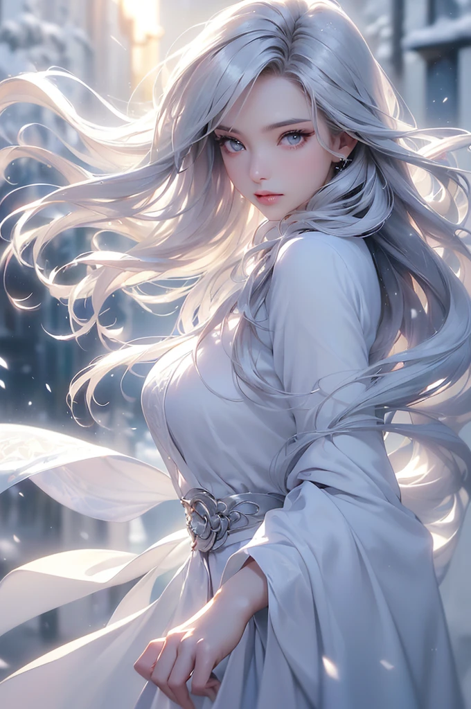 ((masterpiece:1.5、8k、Portraiture、フォトリアリスティックでVery detailedなCG、Very detailed、Particle Effects、Dynamic Effects、Shallow depth of field、Cinematic Light、Lens flare、Ray Tracing、Tabletop、Realistic:1.4、Ultra-high resolution:1.2、Realistic、Realistic))((alone、,オフショルダーのドレスの上にカシミアのcoatを着た女性:1.4、wear a long scarf、White belt、coat、Elegant woman posing、Detailed face、bright表情、young, bright, Whiter skin、Ample breasts、Best Looks、Ultimate beauty、Shiny silver hair with highlights、bright and shiny hair,、Super long, Silky straight hair、Hair dancing in the wind))(morning、outdoors, winter, snow falling)