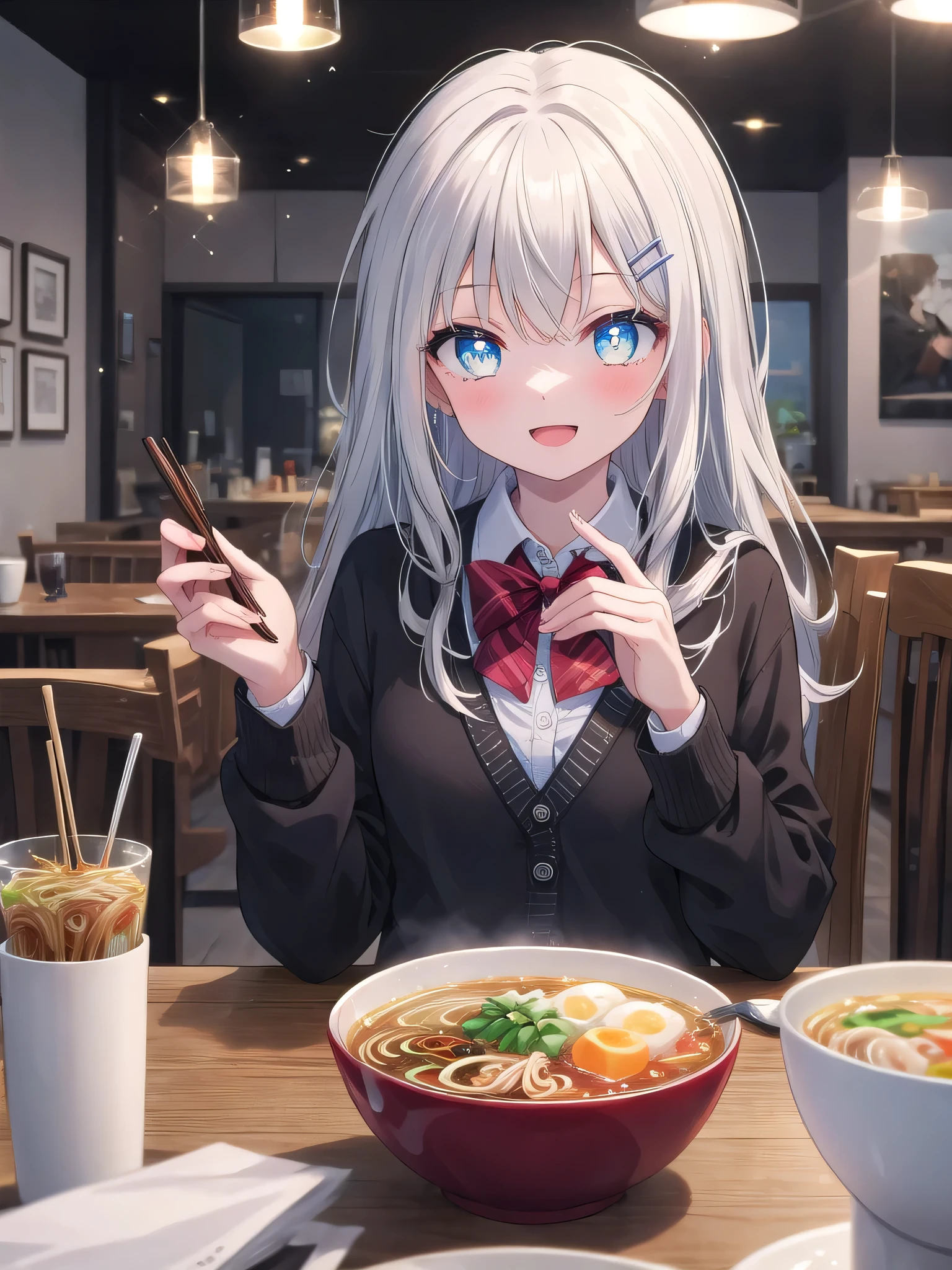 (8K, Highest quality, Masterpiece:1.3)), Ultra high quality, (1 girls, solo), (Color changing eyes, Ultra detailed, Expressive glow, Sparkling eyes), Very detailed eyes, Very detailed face, Random hair, (Hair color: Random color), (Ecstatic expression:1.2), Breath, White skin, Hair clip, Dining room, Ramen set, Sitting next to each other, Happy chatting, Angle from the writing, Wearing a suit, Wearing a cardigan