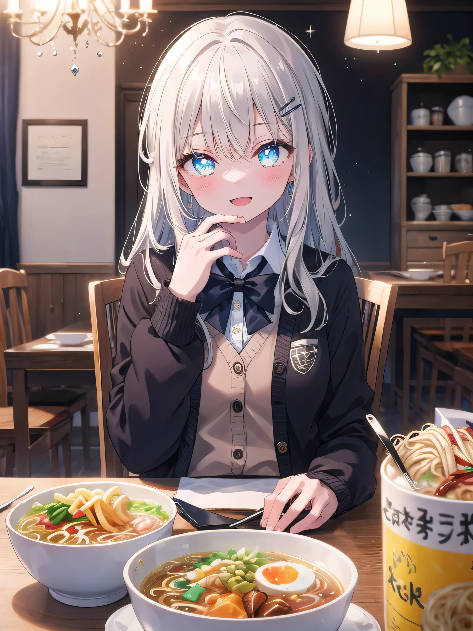 (8K, Highest quality, Masterpiece:1.3)), Ultra high quality, (1 girls, solo), (Color changing eyes, Ultra detailed, Expressive glow, Sparkling eyes), Very detailed eyes, Very detailed face, Random hair, (Hair color: Random color), (Ecstatic expression:1.2), Breath, White skin, Hair clip, Dining room, Ramen set, Sitting next to each other, Happy chatting, Angle from the writing, Wearing a suit, Wearing a cardigan