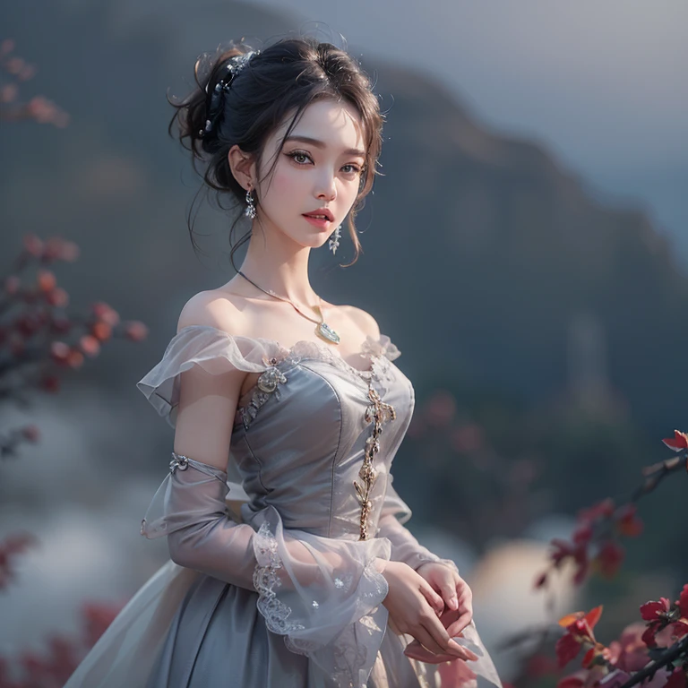 A woman holding an apple stands on top of a hill、Gothic Dress、青空と雲1 girl, Highest quality, masterpiece, Ultra-high resolution, (Realistic:1.4), RAW Photos, 1 girl, Cinema Lighting,((Highest quality、masterpiece、8k、Best image quality、Ultra-high resolution、Award-winning works)、(Accurate anatomy:1.1)、Highly detailed face、Attention to detail、double eyelid、Sharp focus:1.2、Beautiful woman:1.4、Highest quality、masterpiece、Ultra-high resolution、(Realistic:1.4)、Highly detailed and professionally lit smiles、Serious expression、Two Arms, Complete Hそして, Beautiful body, Beautiful fingers, Normal finger, Five Fingers, Five Fingers, (Thumb Index Finger Ring Finger), Beautiful ears、 Normal ear, Beautiful Eyes, Shining Eyes, Beautiful mouth, Beautiful Lips,