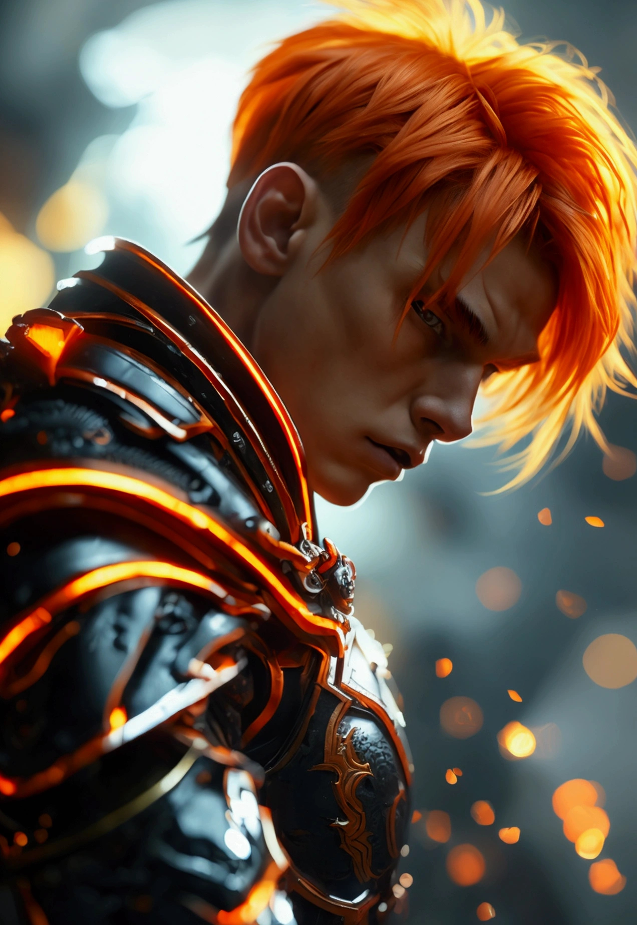 1man, twink, strong, undercut orange hair, orange and black armor with red details, battle pose, highly detailed, cinematic lighting, digital art, hyperrealistic, 8k, best quality, masterpiece, ultra-detailed, realistic, photorealistic, sharp focus, physically-based rendering, extreme detail description, professional, vivid colors, studio lighting