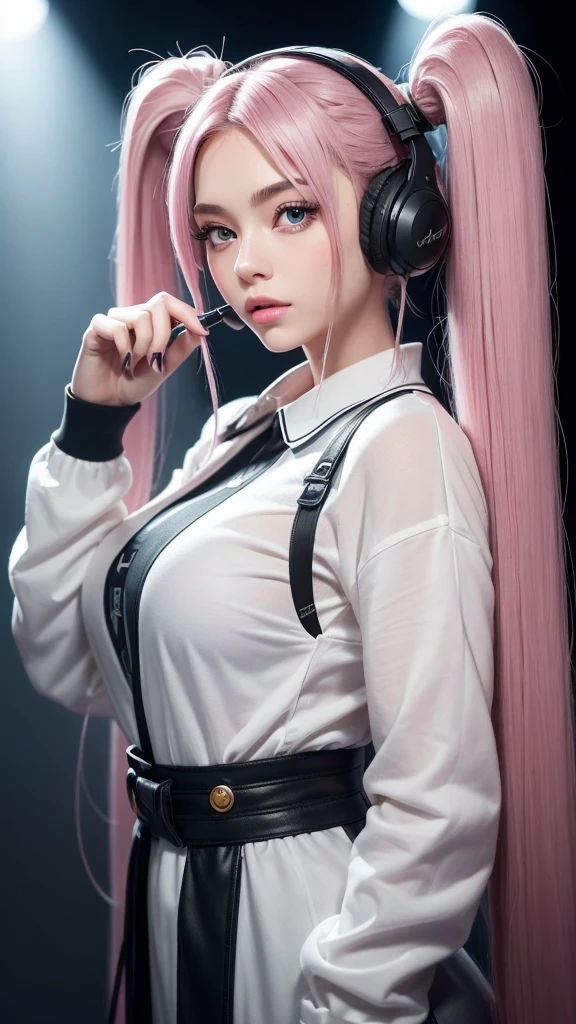 (A photo of a beautiful girl in fashionable casual clothes wearing headphones and singing into a recording microphone in a recording studio was posted on social media.) (The beautiful girl is 17 years old, 18% Japanese, 26% French, and 56% Ukrainian, 178 cm tall, small bust but stylish, with a beautiful, well-balanced figure.) (Her hair is pink ash gray and super long, tied in twin tails with black ribbons, and curls in a spiral toward the tip.) (Her eyebrows are the same color as her hair, thin, slightly thick and short, and her eyelashes are long.) (Her large blue eyes reflect the light of the lighting and are amazingly beautiful like pearls.) (Her nose is high like an English person, her lips are plump and shaped so that you want to kiss them, her skin is translucent white, and the balance between her head and face is in line with traditional Japanese aesthetics.) Her hands should have five fingers. Furthermore, even her nails are drawn very delicately. (Single, Masterpiece, Ultra Detailed, Highest Quality, Artistic Composition, Ultra Precision, Realistic, Photorealistic, High Resolution, Dynamic Lighting Effects, Golden Ratio, Surreal). Try your best to meet all these criteria.