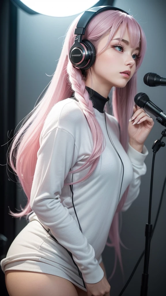 (A photo of a beautiful girl in fashionable casual clothes wearing headphones and singing into a recording microphone in a recording studio was posted on social media.) (The beautiful girl is ************, 18% Japanese, 26% French, and 56% Ukrainian, 178 cm tall, small bust but stylish, with a beautiful, well-balanced figure.) (Her hair is pink ash gray and super long, tied in twin tails with black ribbons, and curls in a spiral toward the tip.) (Her eyebrows are the same color as her hair, thin, slightly thick and short, and her eyelashes are long.) (Her large blue eyes reflect the light of the lighting and are amazingly beautiful like pearls.) (Her nose is high like an English person, her lips are plump and shaped so that you want to kiss them, her skin is translucent white, and the balance between her head and face is in line with traditional Japanese aesthetics.) Her hands should have five fingers. Furthermore, even her nails are drawn very delicately. (Single, Masterpiece, Ultra Detailed, Highest Quality, Artistic Composition, Ultra Precision, Realistic, Photorealistic, High Resolution, Dynamic Lighting Effects, Golden Ratio, Surreal). Try your best to meet all these criteria.