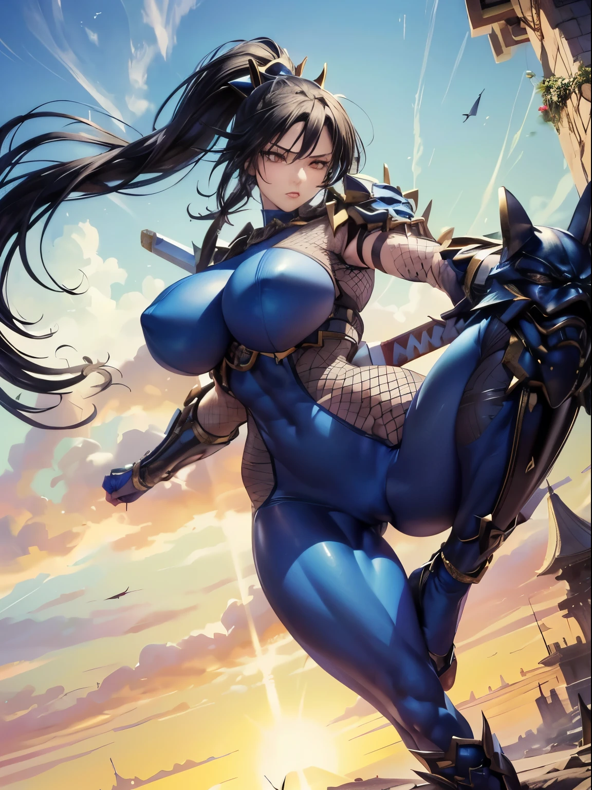 Excellent anatomy, masterpiece, Highest quality,Realistic, hyperRealistic, 16k hdr, like that, 赤いFishnet tightsのボディスーツ, Fishnet tights, Fingerless gloves, Arm guard, Shoulder Armor,Medium chest,Outdoor,blue sky,Dynamic pose,(Fighting Pose:1.2),Spread your legs,(Black Mask,Holding a sword:1.1),Camel Toe,Fighting game female characters, (Huge and stunning goddess shot, Very hot and sexy, Incredible beauty, Perfect proportions, Beautiful body, Very muscular body beauty:1.5), Hip Up, Very muscular woman , Muscular thighs ,Trained abdominal muscles,Slim and toned waist, Blurred Background ,