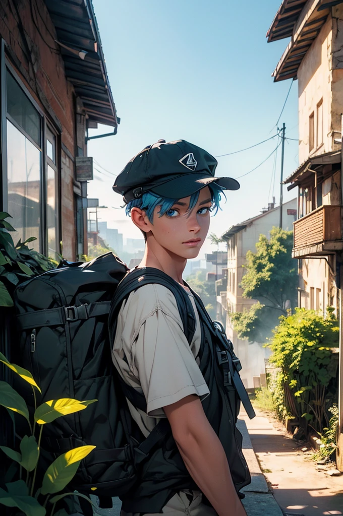 a young man in a post-apocalyptic city, detailed buildings in ruins, nature reclaiming its rightful place, lush vegetation, hiking outfit, blue hair, long eyelashes, warm smile, river, climbing plants, backpack, (best quality,4k,8k,highres,masterpiece:1.2),ultra-detailed,(realistic,photorealistic,photo-realistic:1.37),detailed environment, epic landscape, moody lighting, cinematic composition, dramatic atmosphere, vibrant colors, environmental storytelling, flower, wild animal, blue eyes, cap.